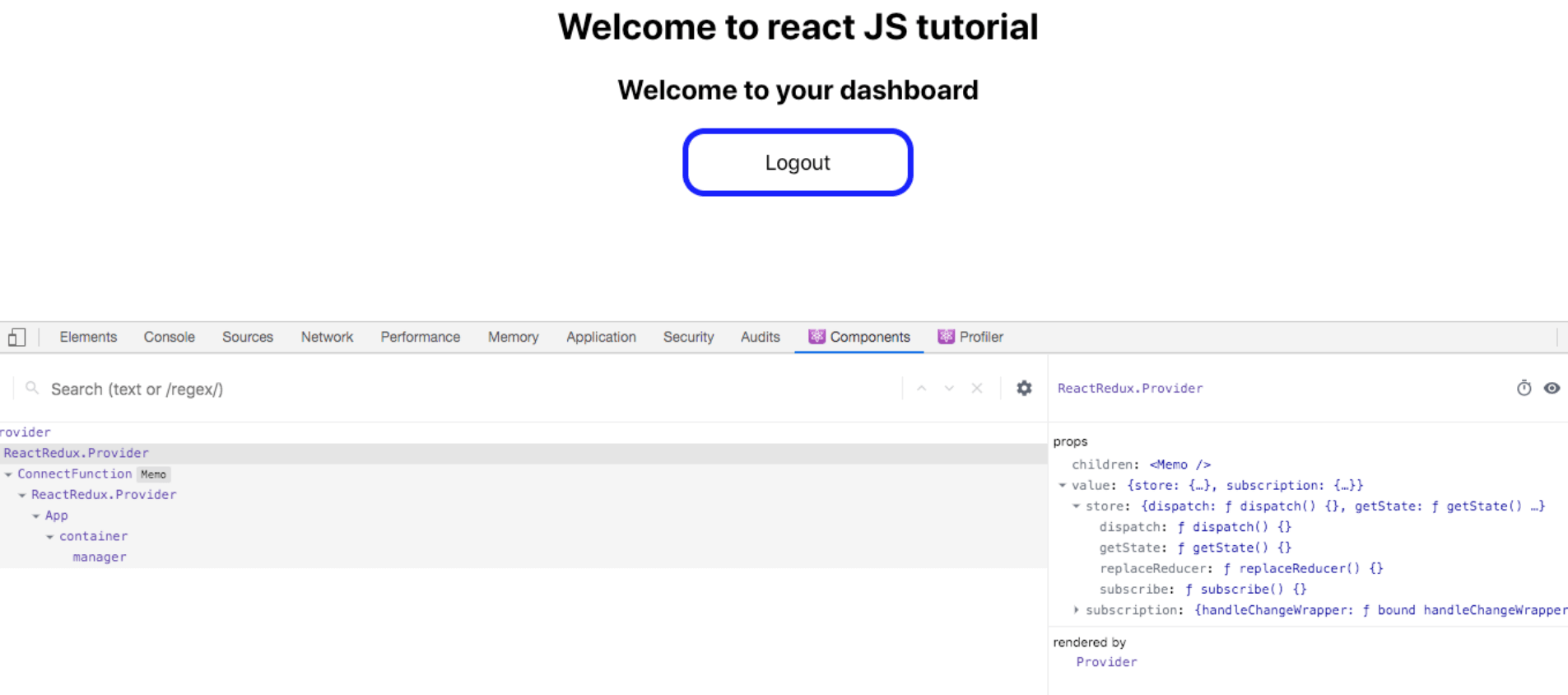 React with redux tutorial code logout